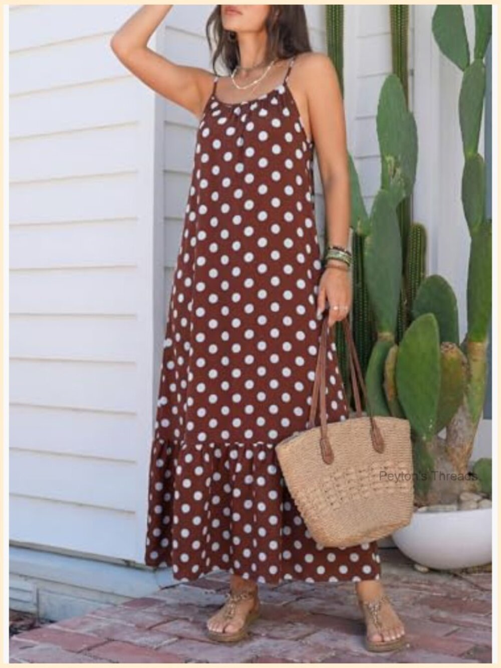 Spaghetti Strap Smocked Ruffle Flowy Boho Maxi Dress - Sleeveless A-Line - Picture 6 of 7